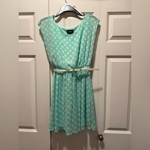 Iz Byer A Line Mint Green Polka Dot Mini Dress with Belt Sz Small NEW WITH TAGS